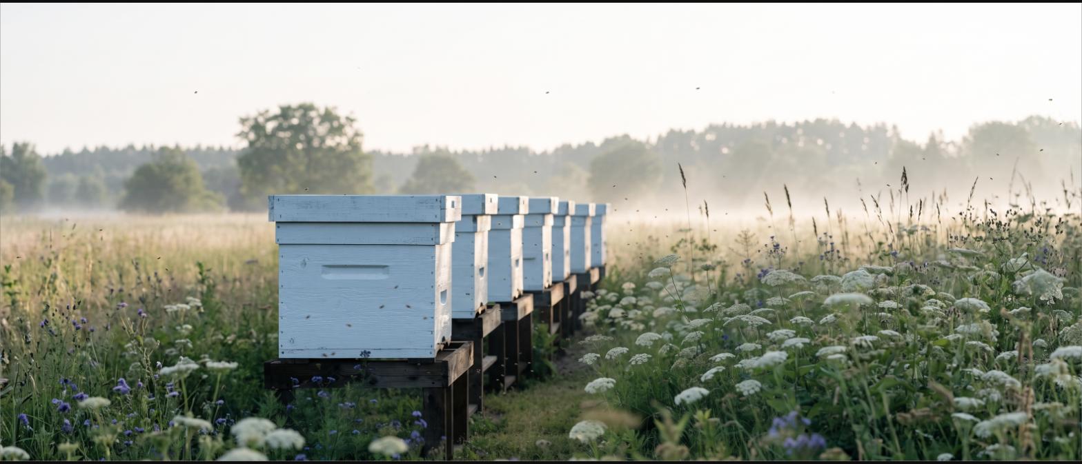 A row of white beehives at the edge of a wildflower meadow
