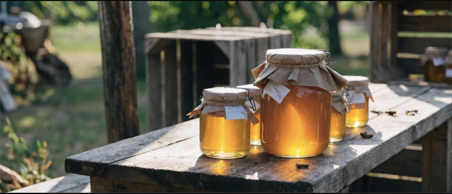 Jars of raw local honey with handwritten labels on a rustic market table